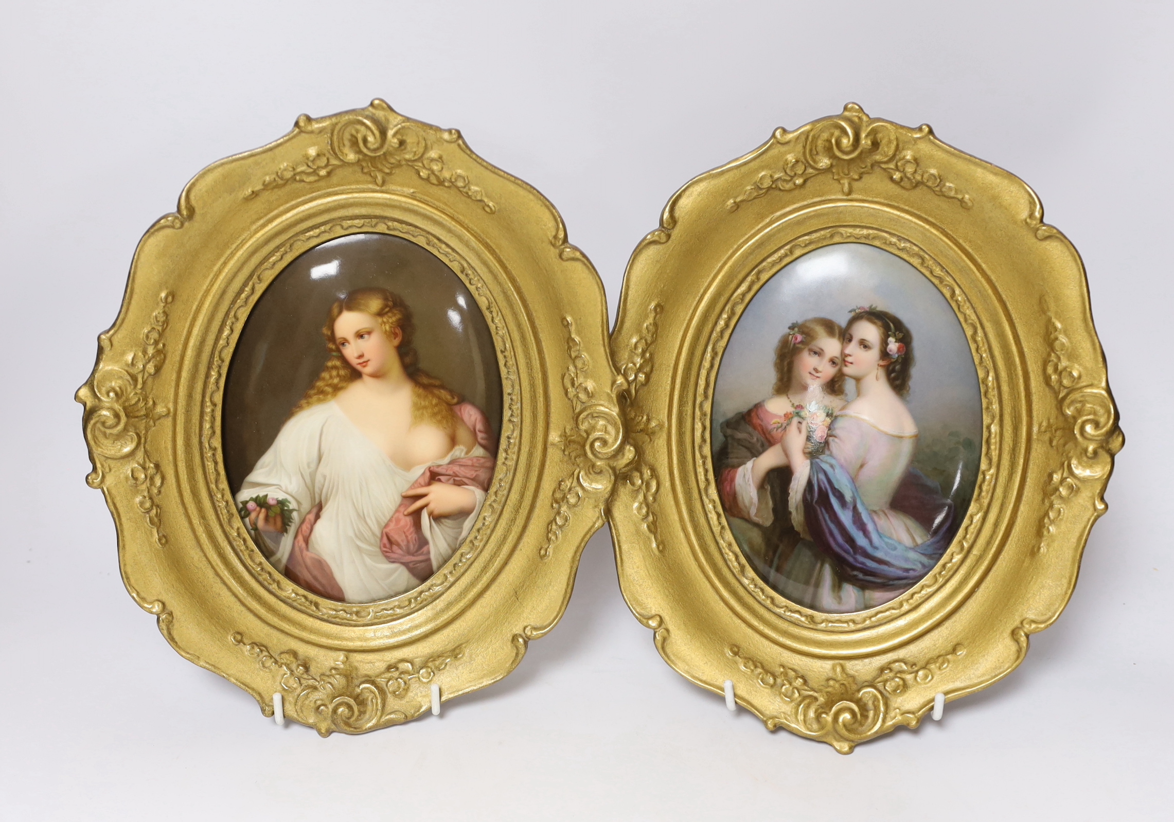 A pair of framed 19th century Paris porcelain oval porcelain plaques, painted with Flora and two ladies, 18x13cm excl frame